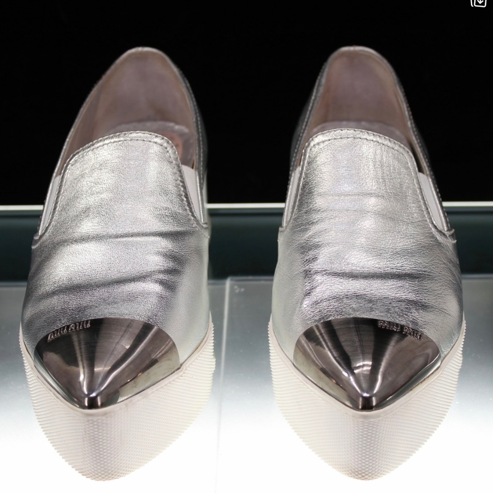 Miu Miu by Prada Silver Slip on metal toe platform shoe
